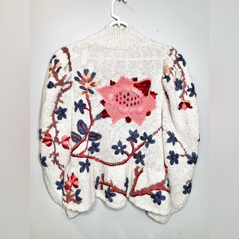 RARE Ulla Johnson Palma Embroidered Knit Peplum Sweater Crocheted Handmade Sz ML - Picture 7 of 8